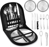 Darrahopens Home & Garden > Kitchenware > Cutlery 2 Person Cutlery Set (10-piece) - Camping Set for 2 People - Spoons, Knives, Forks, Steak Knives - 10 Pieces Stainless Steel Cutlery - Including Carrying Bag - For Picnic & Travel - Silver