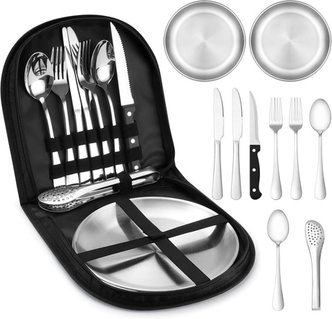 Darrahopens Home & Garden > Kitchenware > Cutlery 2 Person Cutlery Set (10-piece) - Camping Set for 2 People - Spoons, Knives, Forks, Steak Knives - 10 Pieces Stainless Steel Cutlery - Including Carrying Bag - For Picnic & Travel - Silver