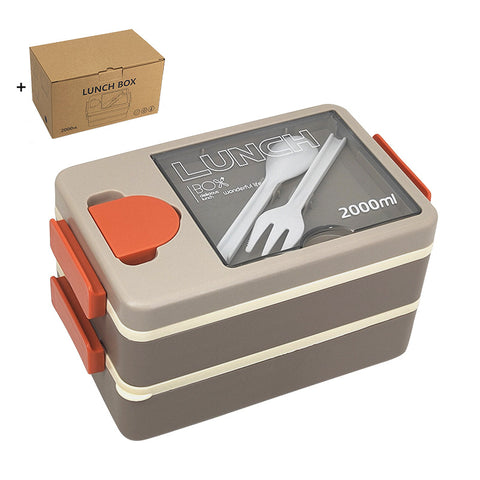 Darrahopens Home & Garden > Kitchenware > Cutlery 2L Double-Layer Bento Lunch Box - Leak-Proof with Utensil & Sauce Container(Grey)
