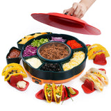 Darrahopens Home & Garden > Kitchenware > Cutlery 360° Rotating Taco Party Serving Set with 33oz Chocolate Fondue Warmer, Multi-Compartment Condiment Tray and Taco Holder for Family Gatherings, Game Nights and Outdoor Picnics. (Orange base, Green tray, Red lid) In Australia - Darrahopens
