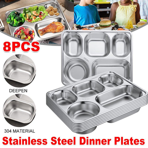 Darrahopens Home & Garden > Kitchenware > Cutlery 8pcs Stainless Steel Divided Dinner Plates Square Fast Food Plate for Students