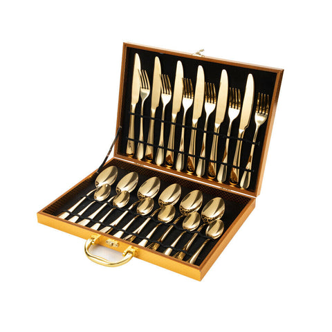 Darrahopens Home & Garden > Kitchenware > Cutlery Gold Cutlery Set Kitchen Stainless Steel Fork Knife Spoon Flatware Cutlery Gift For Party Restaurant Dishwasher Safe 24pcs with Carry Box