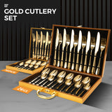 Darrahopens Home & Garden > Kitchenware > Cutlery Gold Cutlery Set Kitchen Stainless Steel Fork Knife Spoon Flatware Cutlery Gift For Party Restaurant Dishwasher Safe 24pcs with Carry Box