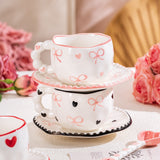 Darrahopens Home & Garden > Kitchenware > Cutlery Hand-Painted Ceramic Coffee Mug and Saucer Set - Whimsical Afternoon Tea Cup with Spoon(Pink-edged bow)