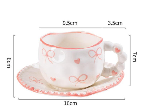 Darrahopens Home & Garden > Kitchenware > Cutlery Hand-Painted Ceramic Coffee Mug and Saucer Set - Whimsical Afternoon Tea Cup with Spoon(Pink-edged bow)