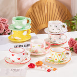 Darrahopens Home & Garden > Kitchenware > Cutlery Hand-Painted Ceramic Coffee Mug and Saucer Set - Whimsical Afternoon Tea Cup with Spoon(Smiley pink flower)