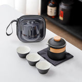 Darrahopens Home & Garden > Kitchenware > Cutlery Portable Ceramic Travel Tea Set - One Pot Three Cups with Carrying Case, Elegant Frosted Finish(black)