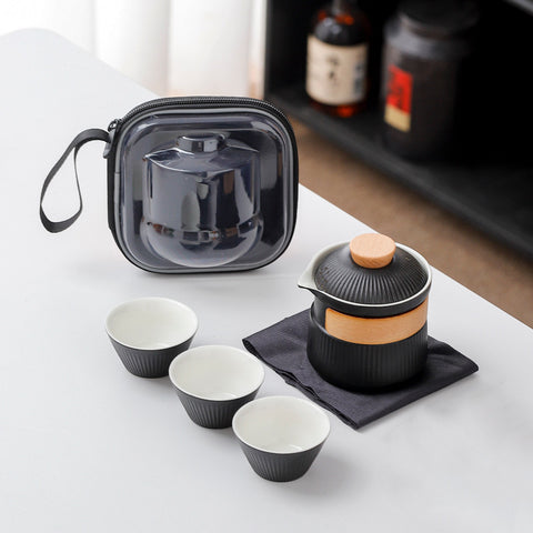 Darrahopens Home & Garden > Kitchenware > Cutlery Portable Ceramic Travel Tea Set - One Pot Three Cups with Carrying Case, Elegant Frosted Finish(black)