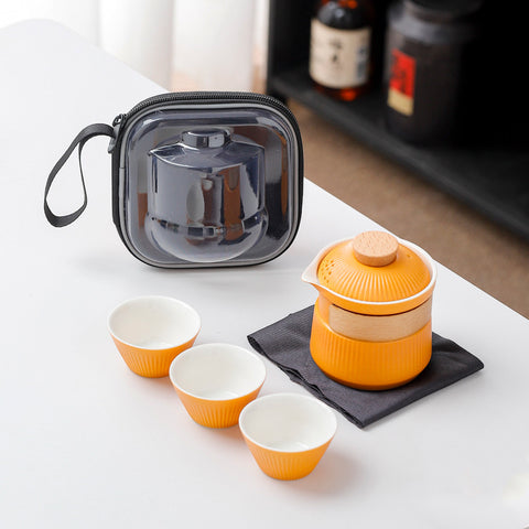 Darrahopens Home & Garden > Kitchenware > Cutlery Portable Ceramic Travel Tea Set - One Pot Three Cups with Carrying Case, Elegant Frosted Finish(yellow)