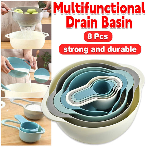 Darrahopens Home & Garden > Kitchenware > Dish Racks 8pcs Plastic Basin Set Drain Basket Washing Mixing Bowl Set Kitchen Baking Tools