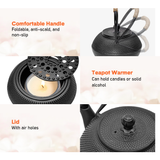 Darrahopens Home & Garden > Kitchenware > Drinkware 1.2L Cast Iron Teapot and Warmer Set Tea Kettle Iron Bottle With Stainless Steel Mesh Infuser and Anti-Scald Handle Compatible with Multi-Heat Source Black