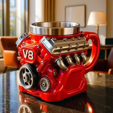 Darrahopens Home & Garden > Kitchenware > Drinkware 3D V8 Engine Coffee Mug Stainless Steel Liner Resin Novelty Cup 300ml Double Wall Insulated Gift for Car Enthusiasts Mechanics Red
