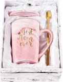 Best Mom Ever Coffee Mug Gift Set with Lid, Spoon & Coaster, 14oz Pink Marble Ceramic Cup for Mother's Day, Birthday, Christmas, Valentine's Day (Pink)