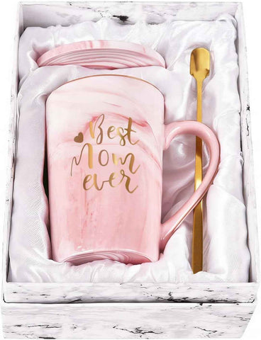 Best Mom Ever Coffee Mug Gift Set with Lid, Spoon & Coaster, 14oz Pink Marble Ceramic Cup for Mother's Day, Birthday, Christmas, Valentine's Day (Pink)