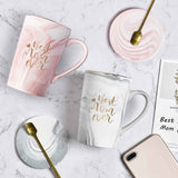 Best Mom Ever Coffee Mug Gift Set with Lid, Spoon & Coaster, 14oz Pink Marble Ceramic Cup for Mother's Day, Birthday, Christmas, Valentine's Day (White)