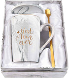 Best Mom Ever Coffee Mug Gift Set with Lid, Spoon & Coaster, 14oz Pink Marble Ceramic Cup for Mother's Day, Birthday, Christmas, Valentine's Day (White)