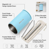 Darrahopens Home & Garden > Kitchenware > Drinkware Blue 304 Stainless Steel Magnetic Hanging Water Bottle Set, 12.17 oz Reusable Drinking Bottle, Comes with 4 Stainless Steel Straws, Cleaning Brush, Storage Bag and Magnetic Plate