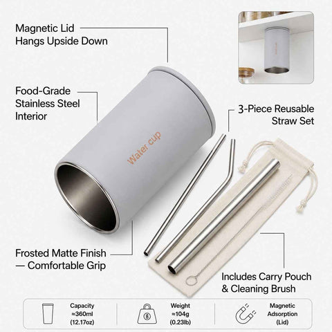 Darrahopens Home & Garden > Kitchenware > Drinkware Gray 304 Stainless Steel Magnetic Hanging Water Bottle Set, 12.17 oz Reusable Drinking Bottle, Comes with 4 Stainless Steel Straws, Cleaning Brush, Storage Bag and Magnetic Plate