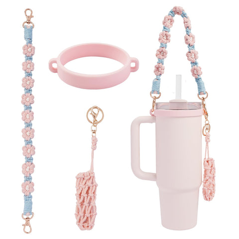 Darrahopens Home & Garden > Kitchenware > Drinkware Hand-Woven Flower Water Bottle Strap with Silicone Ring 41cm/16.14 inch – Universal Cup Holder for 14oz, 30oz, and 40oz Stanley Tumblers, Adjustable Shoulder Strap with Rose Gold Clips and Net Pouch (Pink)