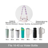 Darrahopens Home & Garden > Kitchenware > Drinkware Hand-Woven Flower Water Bottle Strap with Silicone Ring 41cm/16.14 inch – Universal Cup Holder for 14oz, 30oz, and 40oz Stanley Tumblers, Adjustable Shoulder Strap with Rose Gold Clips and Net Pouch (Pink)