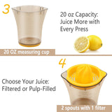 Darrahopens Home & Garden > Kitchenware > Drinkware Handheld Citrus Juicer with Dual Reamer & 20oz Measuring Cup – Manual Lemon, Lime, Orange, Grapefruit Squeezer with Anti-Slip Base and Filtered Spout (Yellow)