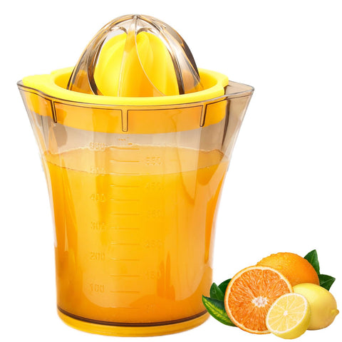 Darrahopens Home & Garden > Kitchenware > Drinkware Handheld Citrus Juicer with Dual Reamer & 20oz Measuring Cup – Manual Lemon, Lime, Orange, Grapefruit Squeezer with Anti-Slip Base and Filtered Spout (Yellow)