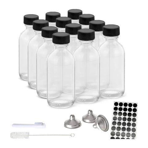 Darrahopens Home & Garden > Kitchenware > Drinkware Kitchee 12x 60ml Small Glass Bottles + Lids Funnels Brush Labels Pen