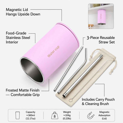 Darrahopens Home & Garden > Kitchenware > Drinkware Pink 304 Stainless Steel Magnetic Hanging Water Bottle Set, 12.17 oz Reusable Drinking Bottle, Comes with 4 Stainless Steel Straws, Cleaning Brush, Storage Bag and Magnetic Plate