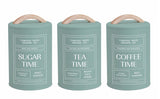 Darrahopens Home & Garden > Kitchenware > Drinkware Set 3 Sage Green Metal Coffee Tea Sugar Storage Tins 11x19cm