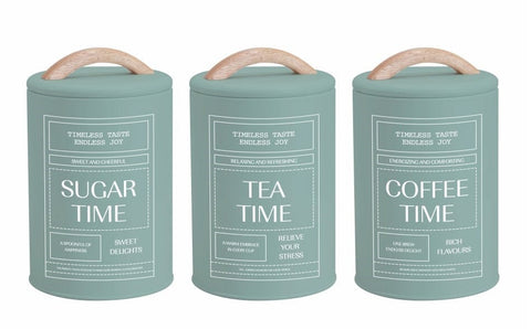 Darrahopens Home & Garden > Kitchenware > Drinkware Set 3 Sage Green Metal Coffee Tea Sugar Storage Tins 11x19cm