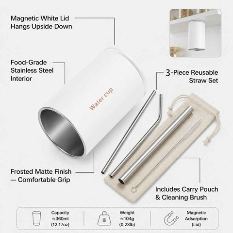Darrahopens Home & Garden > Kitchenware > Drinkware White 304 Stainless Steel Magnetic Hanging Water Bottle Set, 12.17 oz Reusable Drinking Bottle, Comes with 4 Stainless Steel Straws, Cleaning Brush, Storage Bag and Magnetic Plate