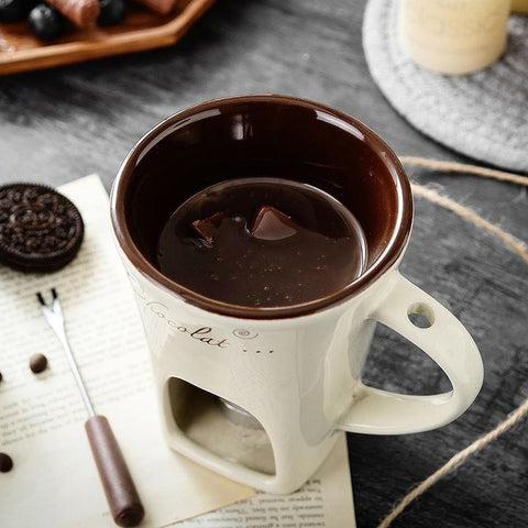 Darrahopens Home & Garden > Kitchenware > Drinkware White European Style Ceramic Chocolate & Cheese Melter Set - 200ml Mini Melting Mug & Fork