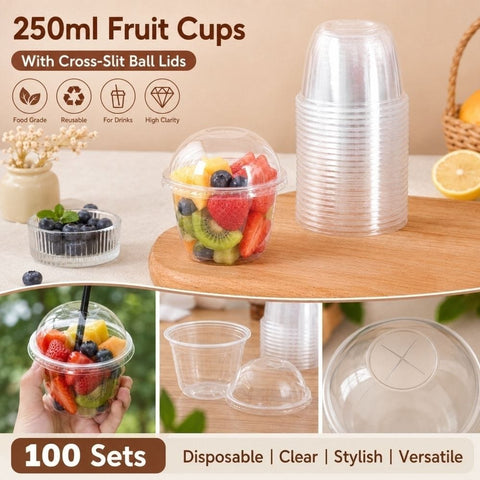 Darrahopens Home & Garden > Kitchenware > Food Storage 100 Pack Disposable Plastic Cups with Dome Cross Lids 8.45 Ounce Clear Round Fruit Containers for Milkshakes Yogurt Parfaits and Fruit Salads Dessert Serving Set In Australia - Darrahopens