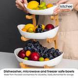 Darrahopens Home & Garden > Kitchenware > Food Storage 3 Tier Porcelain Fruit Bowl - Ceramic Vegetable Storage With Bamboo Stand