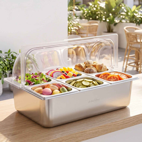 Darrahopens Home & Garden > Kitchenware > Food Storage 5-Star Chef 6 Pan Food Serving Display Stainless Steel Cooler Platter with Clear Roll Top Cover In Australia - Darrahopens