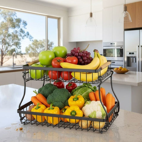 Darrahopens Home & Garden > Kitchenware > Food Storage CARLA HOME 2-Tier Fruit Basket Metal Storage Bowl Kitchen Counter Organizer with Handles for Fruits, Vegetables, Snacks & Bread