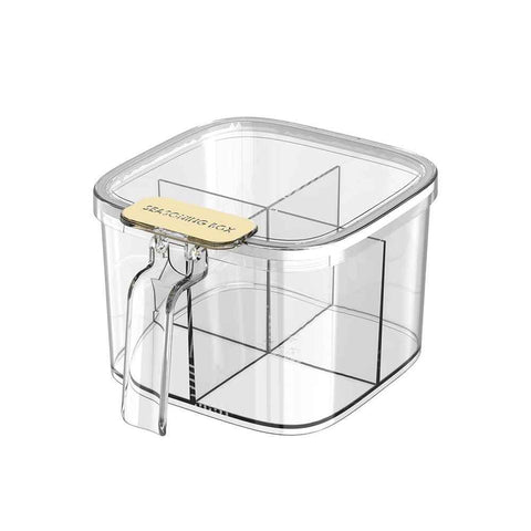 Darrahopens Home & Garden > Kitchenware > Food Storage Clear Box, 4-Compartment Sealed Container Set with Lid,Plastic Kitchen Condiment Jars to Store Salt, Pepper, Powder（only box）