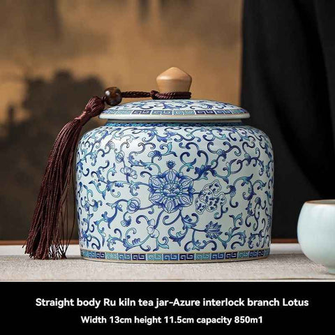 Darrahopens Home & Garden > Kitchenware > Food Storage Ru Kiln tea jar, blue-and-white ceramic canister, airtight tea storage, floral tea container, Australian tea accessory - Cyan - Size 9 In Australia - Darrahopens