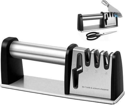 Darrahopens Home & Garden > Kitchenware > Kitchen Knives 4-in-1 Knife Sharpener - With Scissor Sharpener - 3-Step Pull-Through Sharpener for Kitchen Knives - Anti-Slip & Ergonomic - Stainless Steel - Knife Sharpener