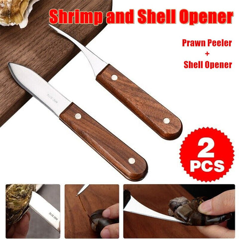 Darrahopens Home & Garden > Kitchenware > Kitchen Utensils 2PCS Shrimp Deveiner and Shellfish Opener Knife Set Stainless Steel Wood Handle