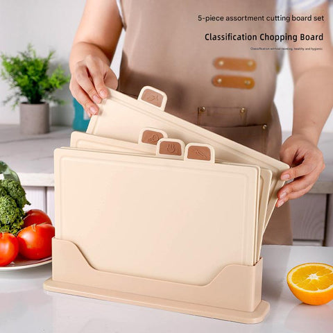 Darrahopens Home & Garden > Kitchenware > Kitchen Utensils Beige 4-Piece Index Cutting Board Set with Ventilated Storage Stand - Food-Safe PP Kitchen Chopping Boards