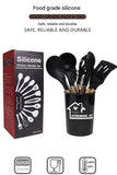 Darrahopens Home & Garden > Kitchenware > Kitchen Utensils Dark Green 11-Piece Silicone Kitchen Utensil Set with Wooden Handles and Storage Bucket - Heat Resistant and Non-Stick