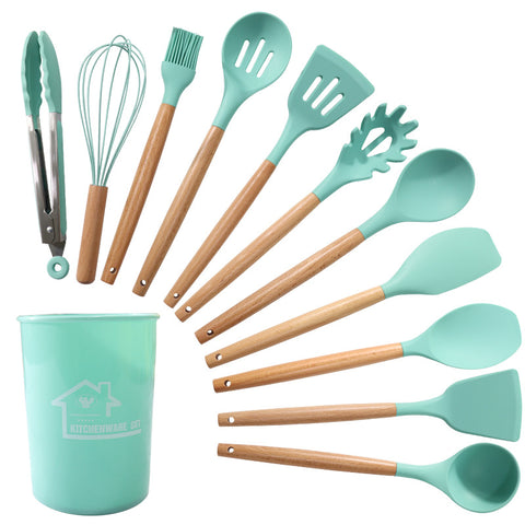 Darrahopens Home & Garden > Kitchenware > Kitchen Utensils Dark Green 11-Piece Silicone Kitchen Utensil Set with Wooden Handles and Storage Bucket - Heat Resistant and Non-Stick