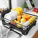 Darrahopens Home & Garden > Kitchenware > Kitchen Utensils Dish Drying Rack - Multi-Functional Dish Rack for Kitchen Counter with Cutlery Holder, Rust-Proof Storage Solution with Rotatable,  Black