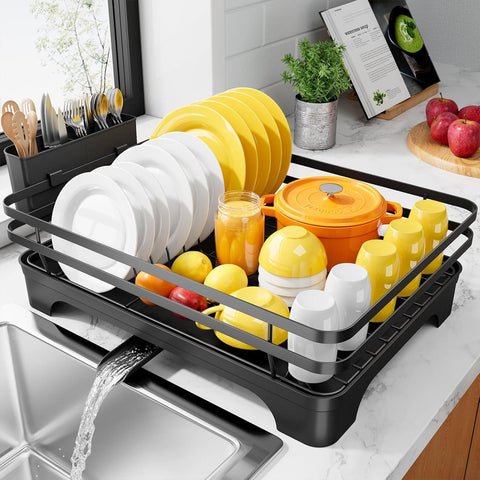 Darrahopens Home & Garden > Kitchenware > Kitchen Utensils Dish Drying Rack - Multi-Functional Dish Rack for Kitchen Counter with Cutlery Holder, Rust-Proof Storage Solution with Rotatable,  Black