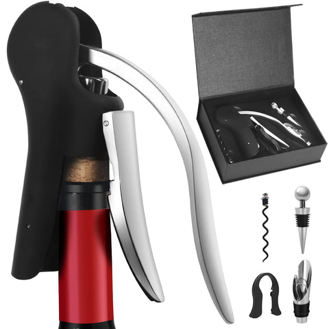 Darrahopens Home & Garden > Kitchenware > Kitchen Utensils Goose-Style Rapid Wine Opener Set 20 x 13 cm – Heavy-Duty Lever Corkscrew with Foil Cutter, Pourer, Stopper, and Extra Spiral Worm – Premium Stainless Steel Wine Kit in Gift Box (Black)