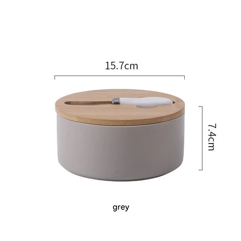 Darrahopens Home & Garden > Kitchenware > Kitchen Utensils Gray Nordic Ceramic Butter Dish with Knife - Airtight Cheese Container with Bamboo Lid, Kitchen Storage