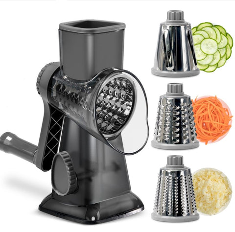 Darrahopens Home & Garden > Kitchenware > Kitchen Utensils Grey Rotary Cheese Grater & Vegetable Slicer - Manual Shredder with 3 Interchangeable Drums