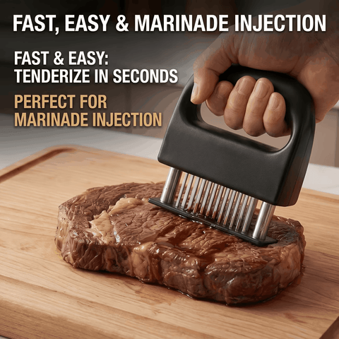 Darrahopens Home & Garden > Kitchenware > Kitchen Utensils Heavy-duty meat tenderizer with 48 stainless steel needles and a locking mechanism – suitable for tenderizing steaks, beef, pork, turkey, fish, and poultry. Can be used with marinades. The black ABS handle is designed for professional kitchens.