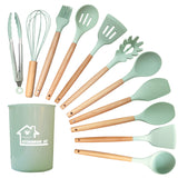 Darrahopens Home & Garden > Kitchenware > Kitchen Utensils Light Green 11-Piece Silicone Kitchen Utensil Set with Wooden Handles and Storage Bucket - Heat Resistant and Non-Stick